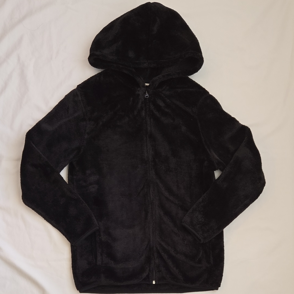 Girls Black Fuzzy Hooded Jacket, Sz XL